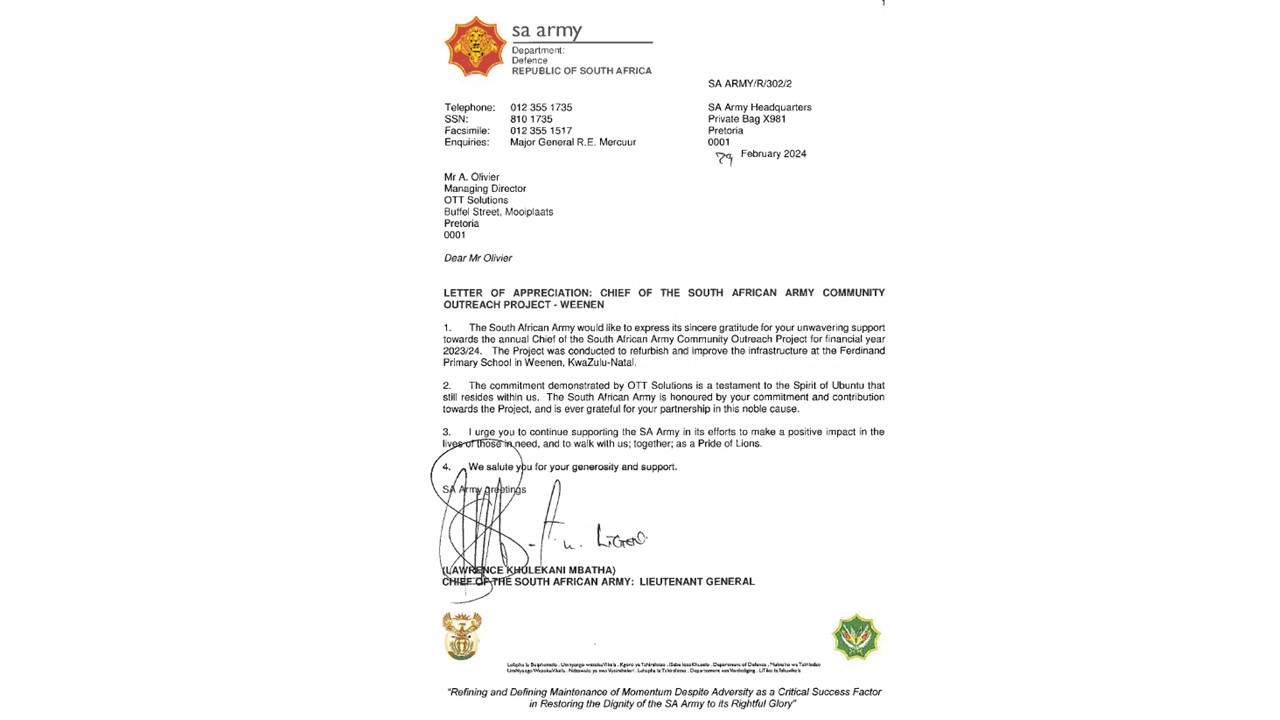 OTT Solutions Honoured by SA Army for Community Outreach Contribution 